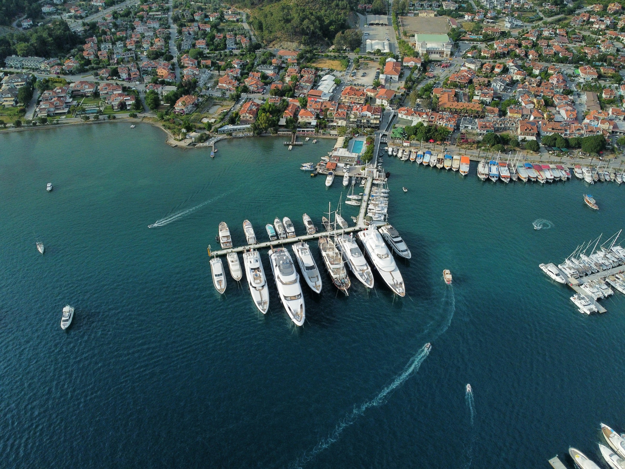Aerial view of marina — working with technology