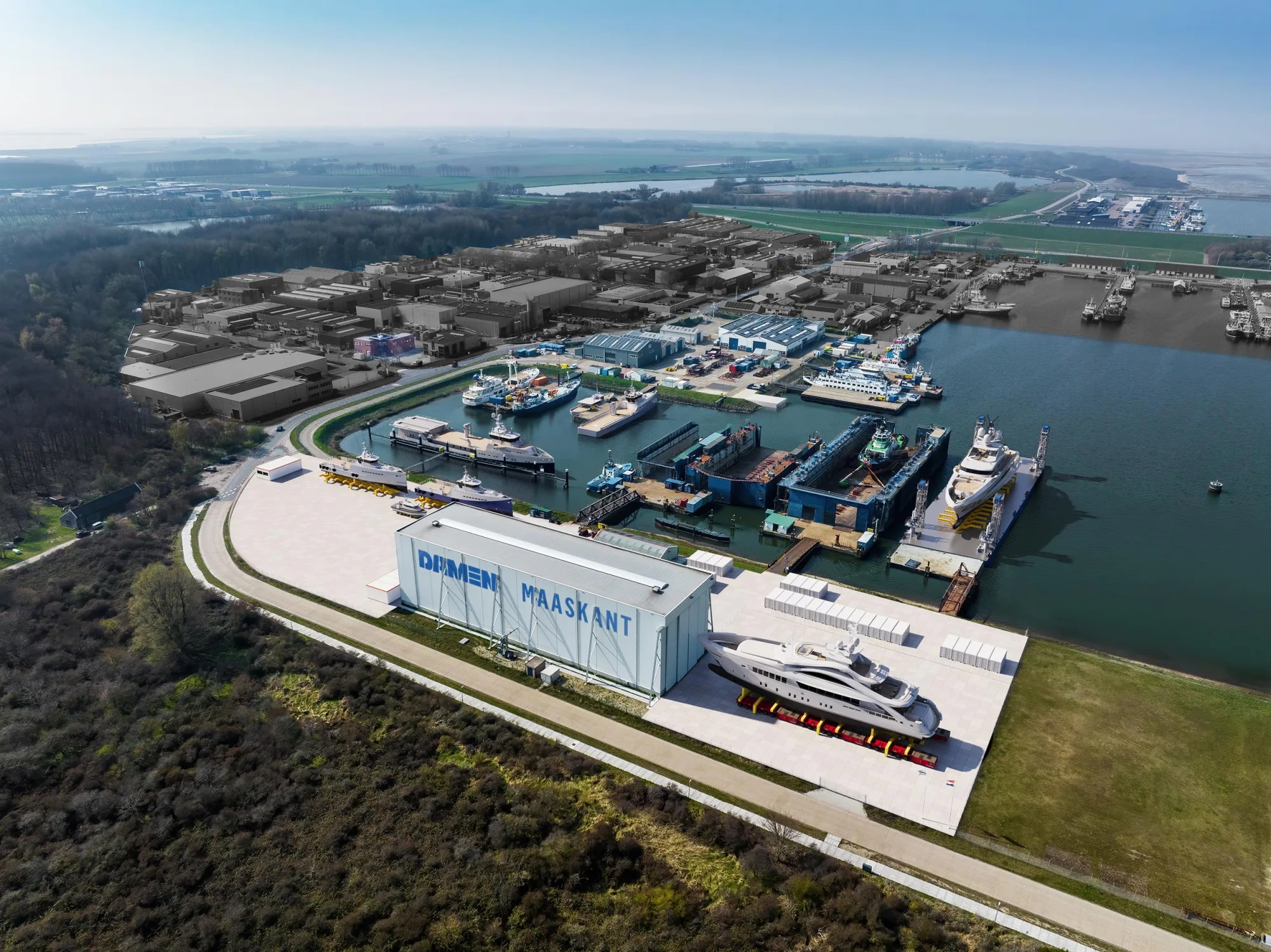 Aerial view of the Damen Maaskant shipyard at Stellendam, the Netherlands