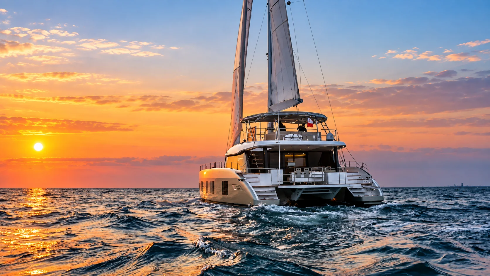 A sailing catamaran silhouetted against a warm sunset.