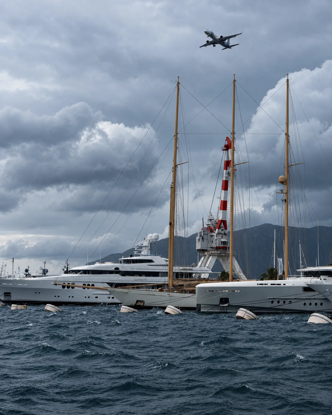 A busy harbour with yachts beneath a stormy sky.