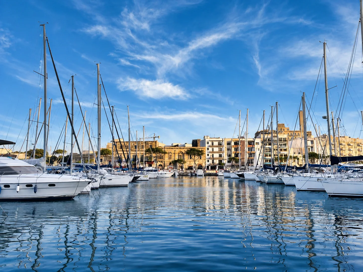 A calm harbour beneath a clear blue sky.