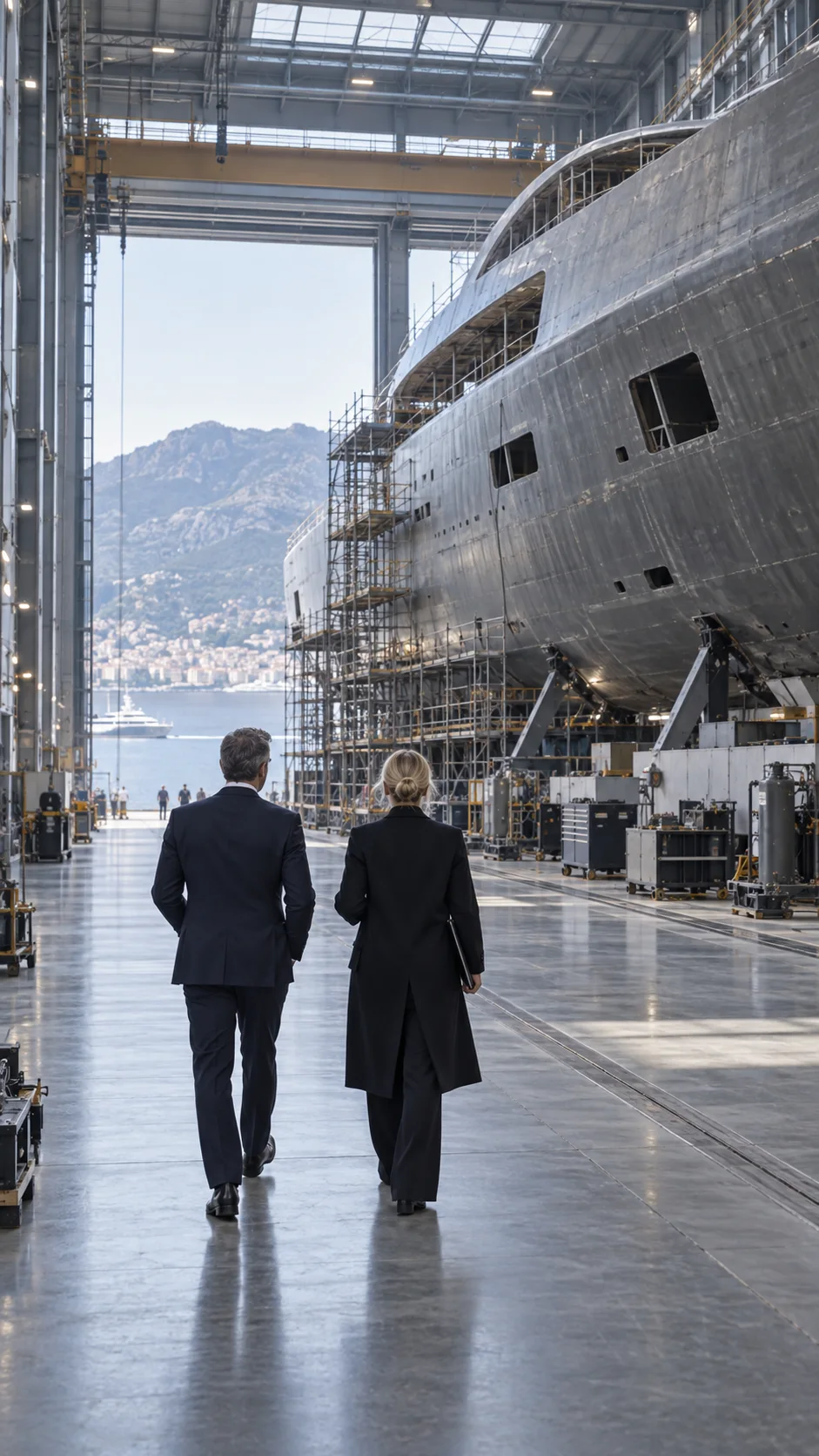 A yacht under construction inside a shipyard.