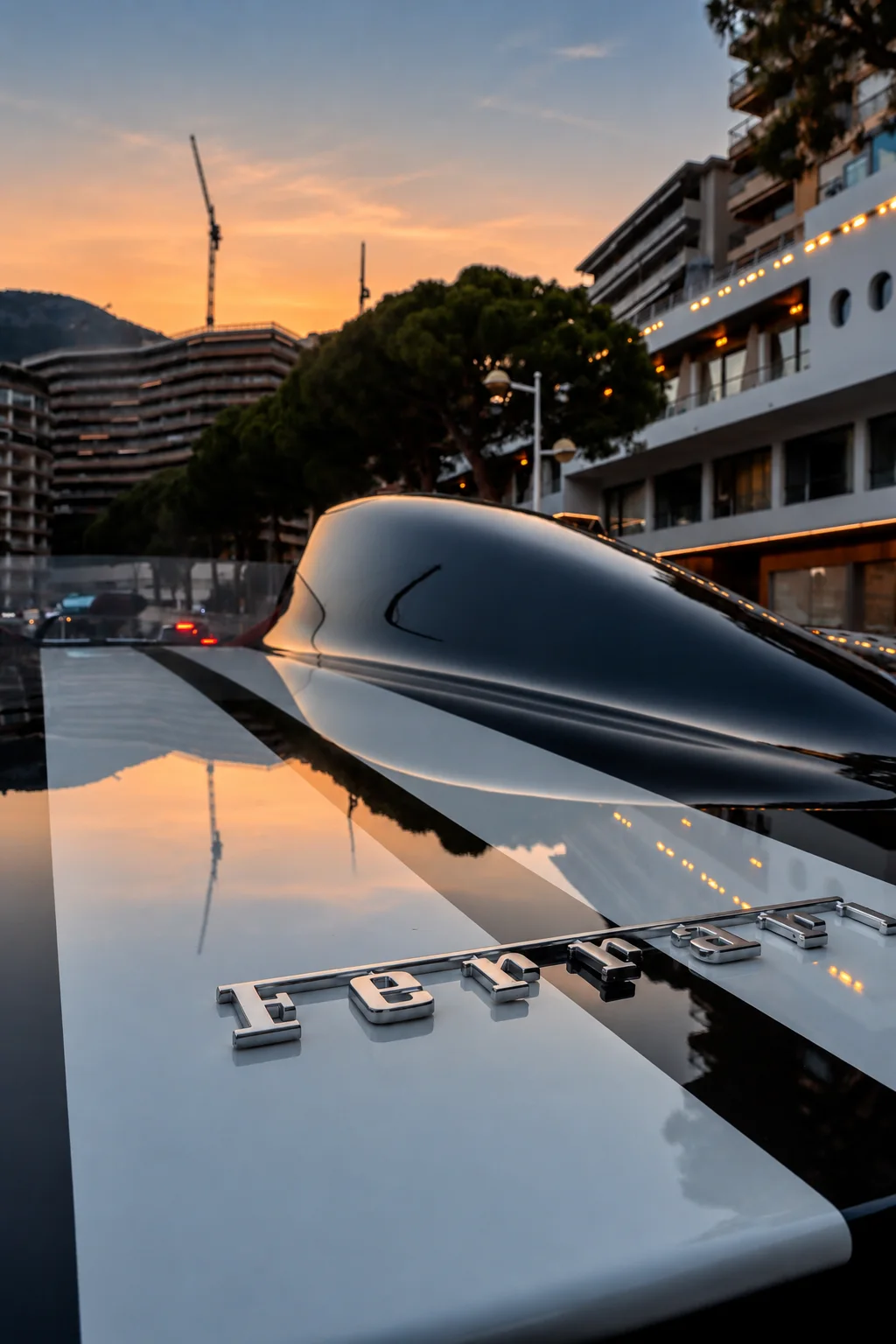 A chrome Leopard emblem mounted on a yacht at sunset.