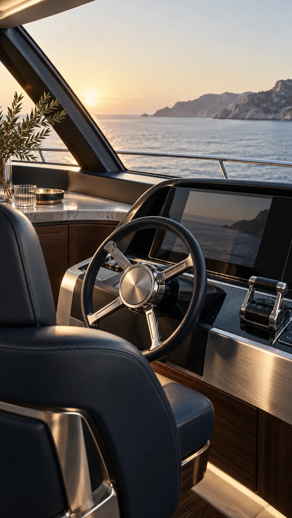 The helm and navigation station inside a modern yacht.