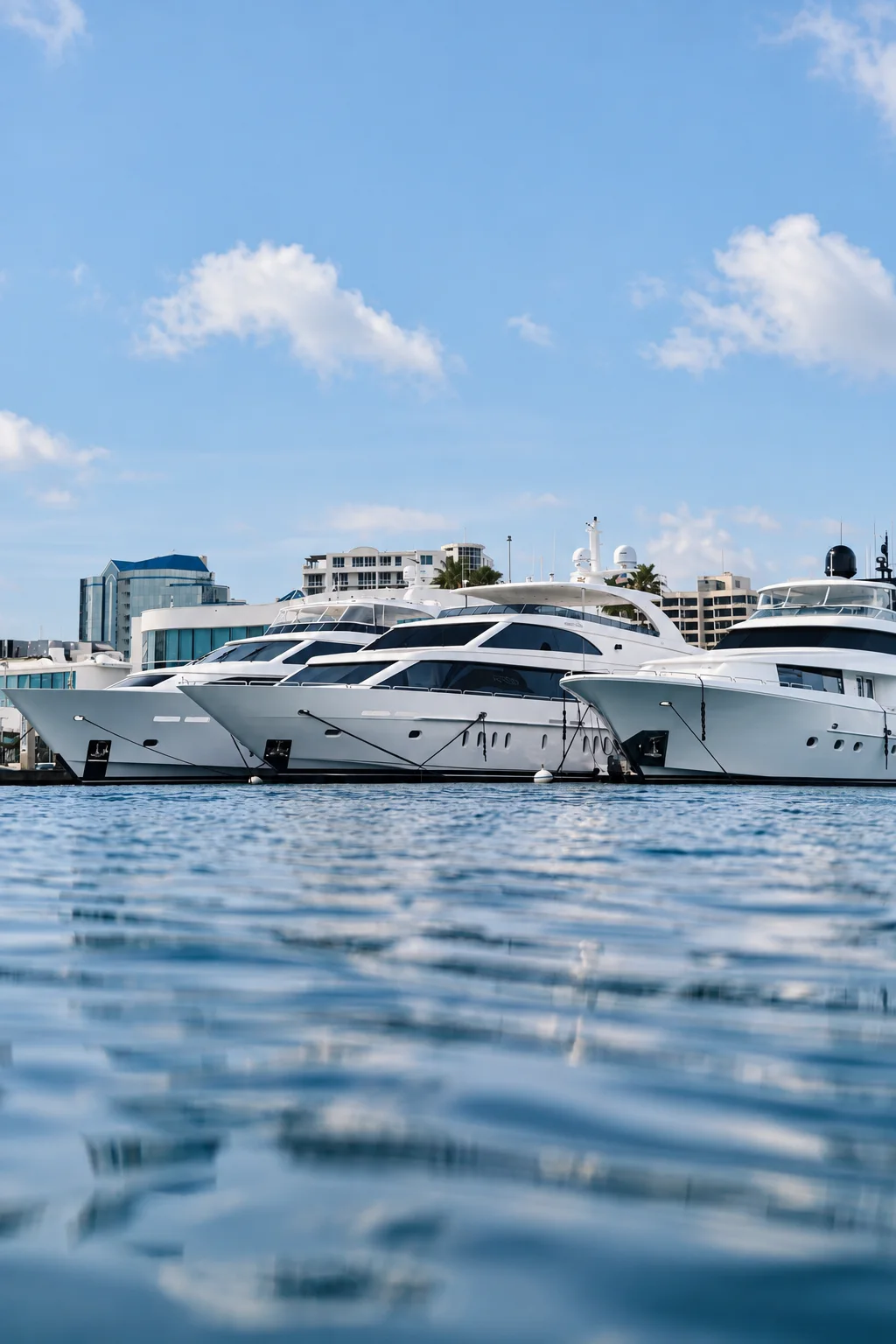 Three yachts moored beside a marina.