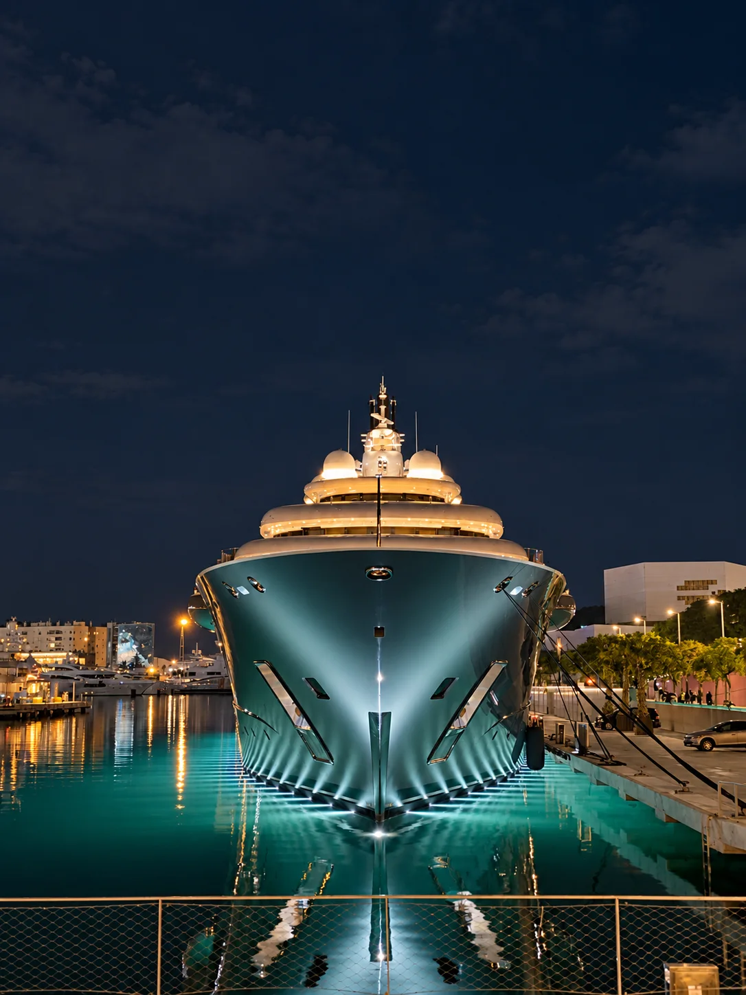 A luxury yacht illuminated at night.