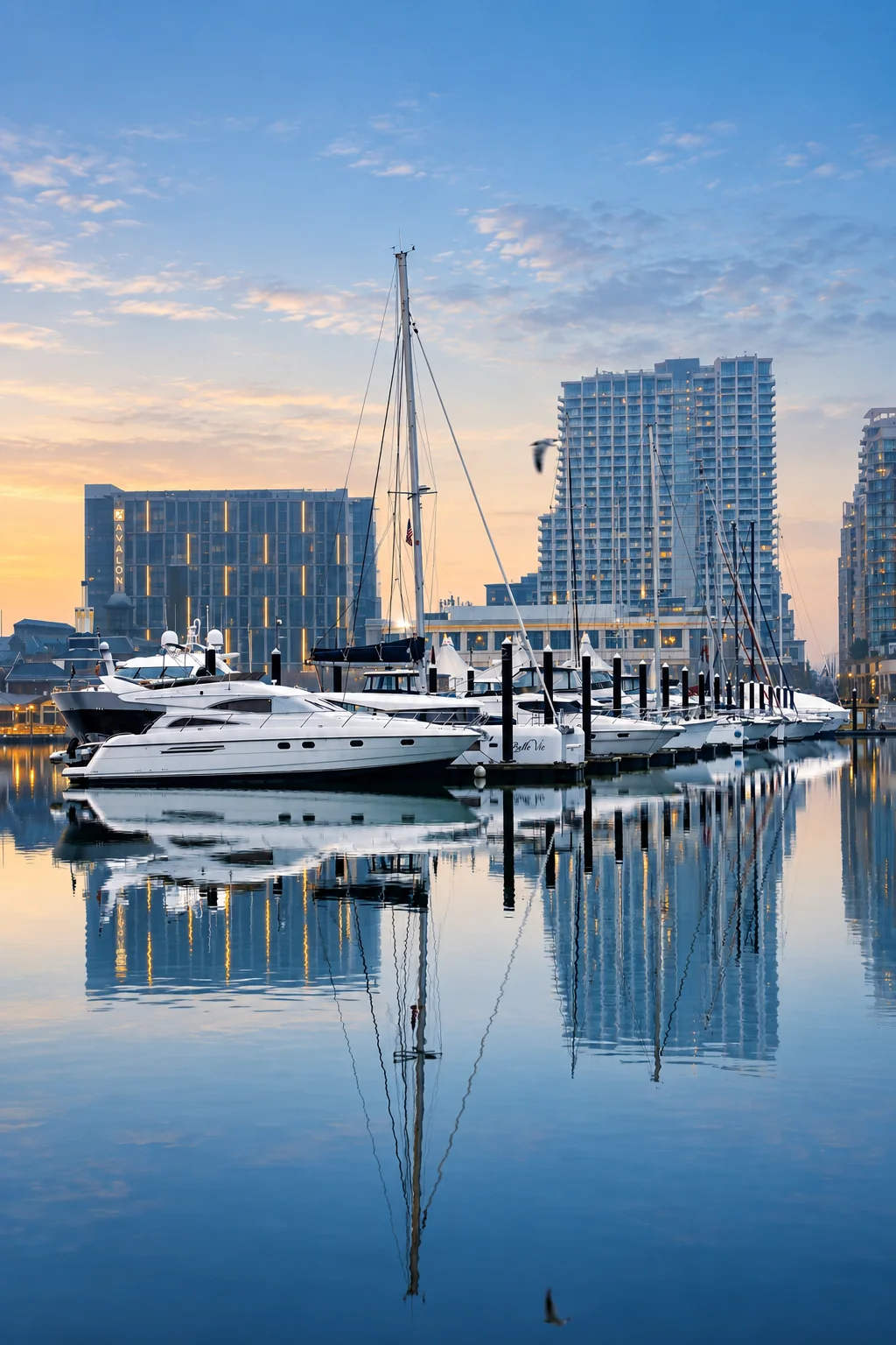Yachts reflected in a quiet harbour at dawn.