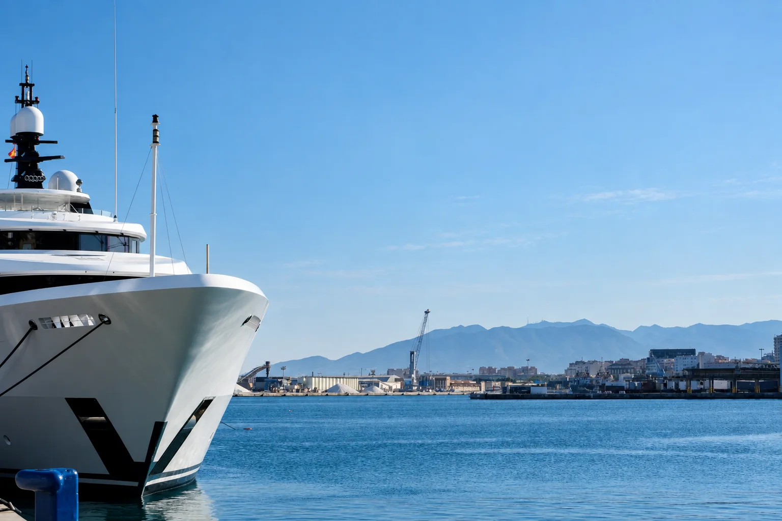 The bow of a superyacht in a calm harbour.