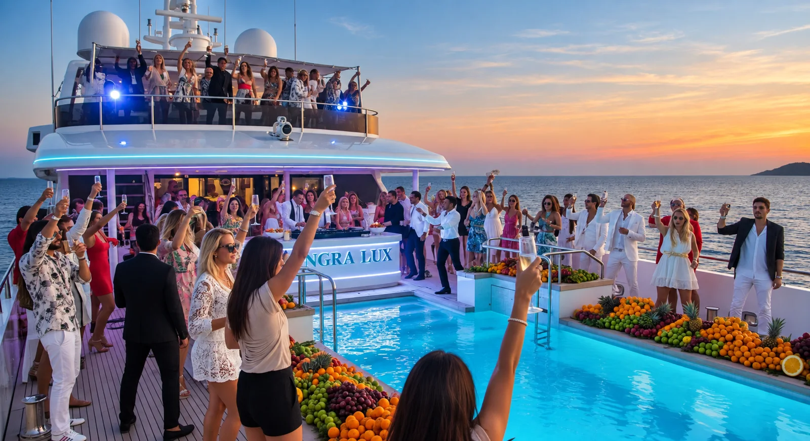 Guests gathering on a yacht at sunset.