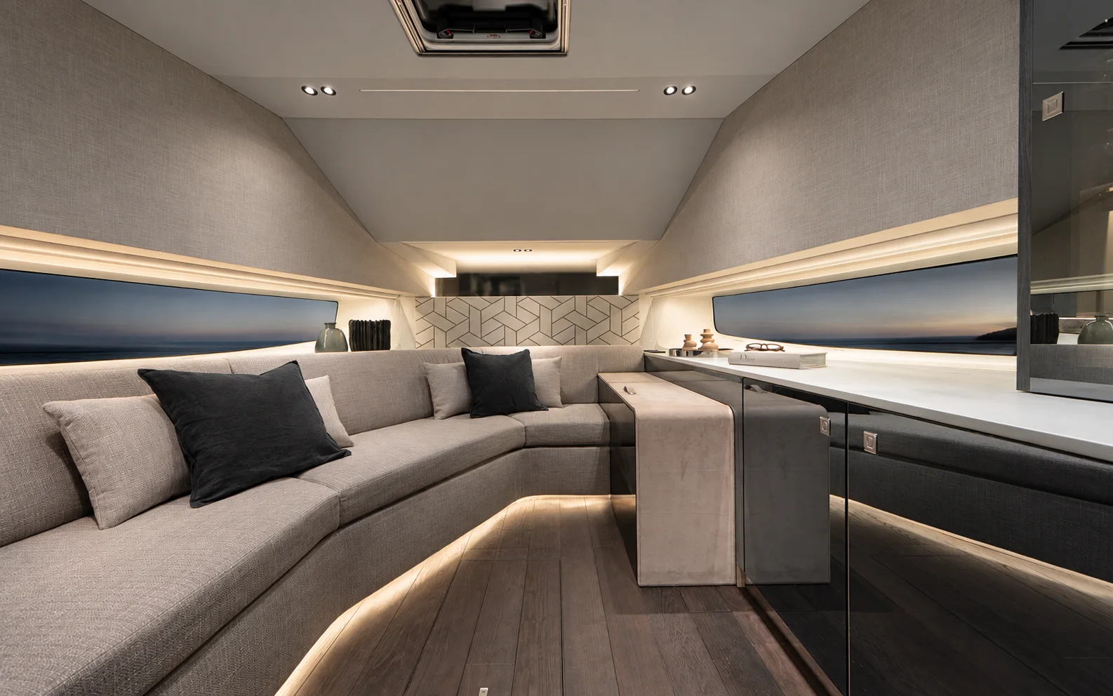 A yacht interior illuminated by the setting sun.