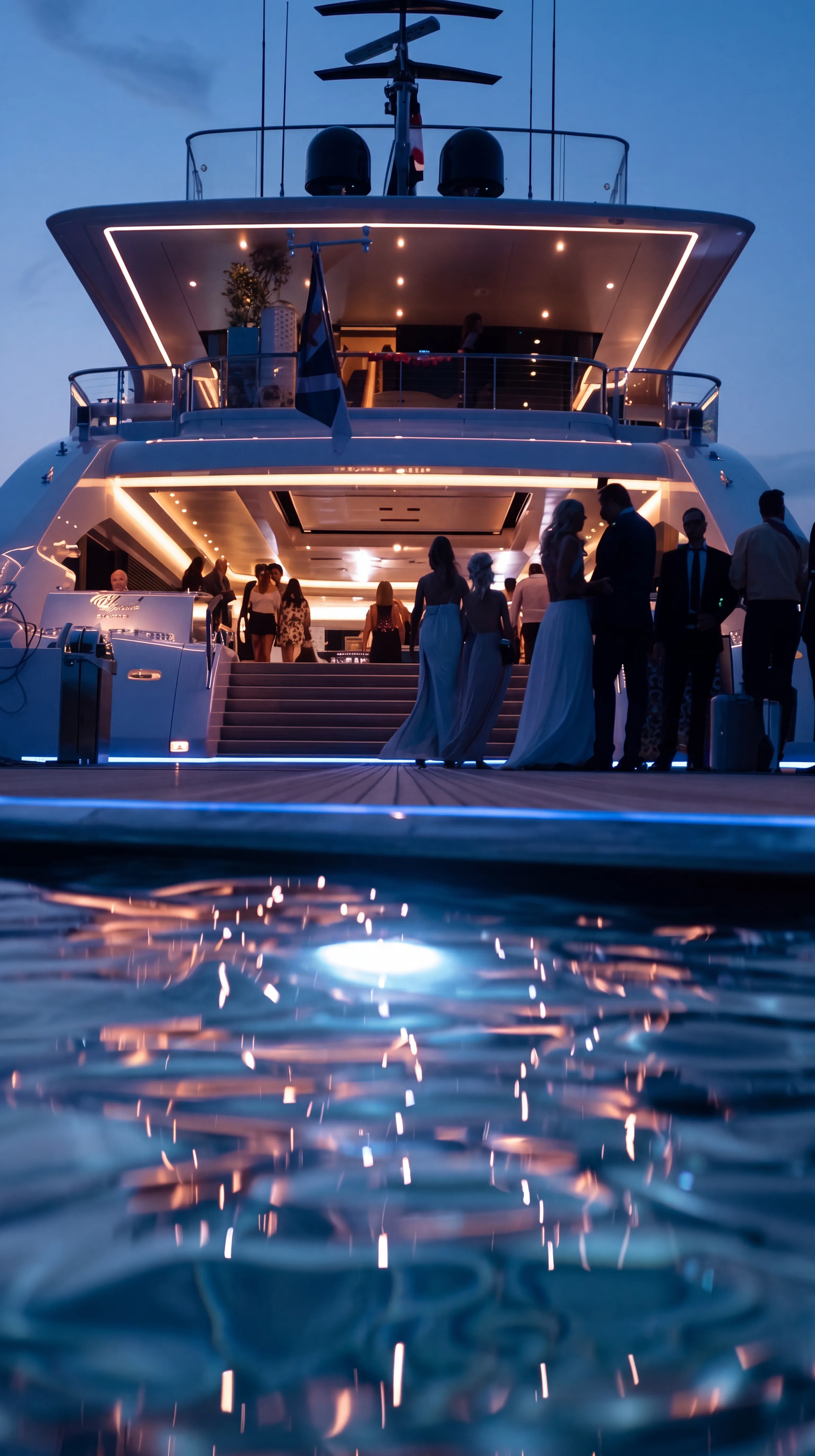 Evening gathering aboard a yacht in the bay