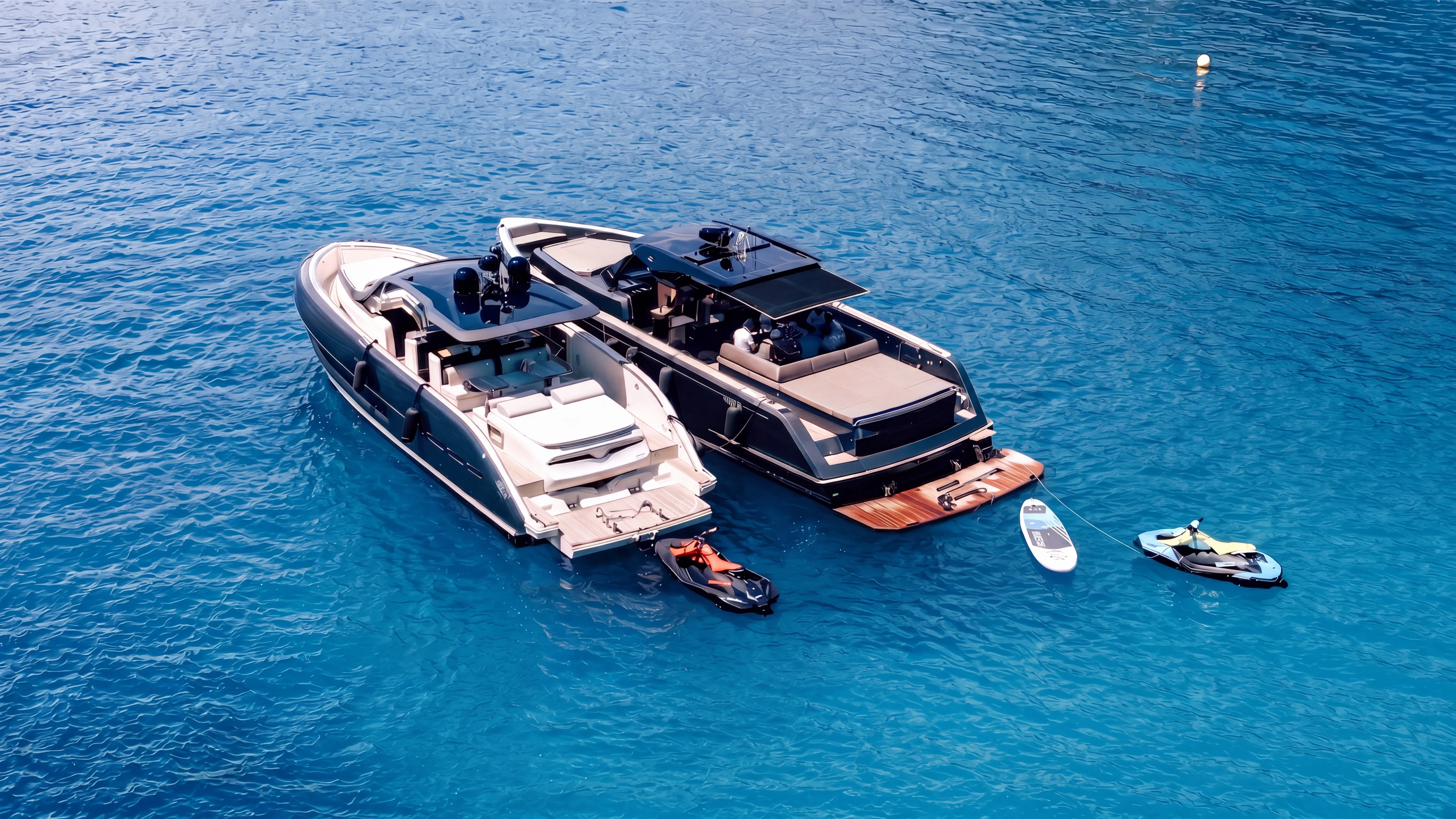 Moderne Yacht mit Wasserspielzeug vor Anker
