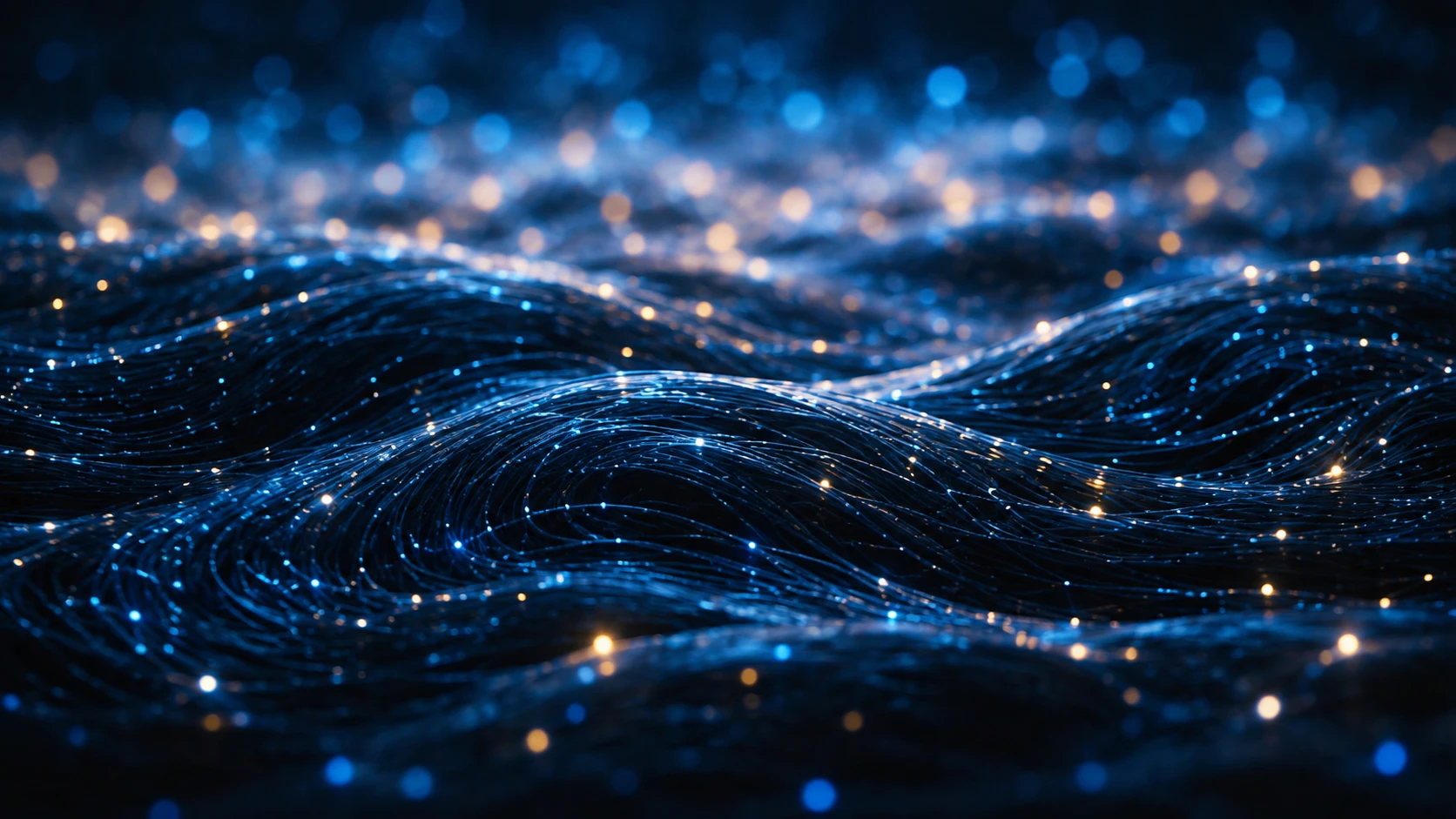 Blue and amber points of light across flowing dark fibre-like strands