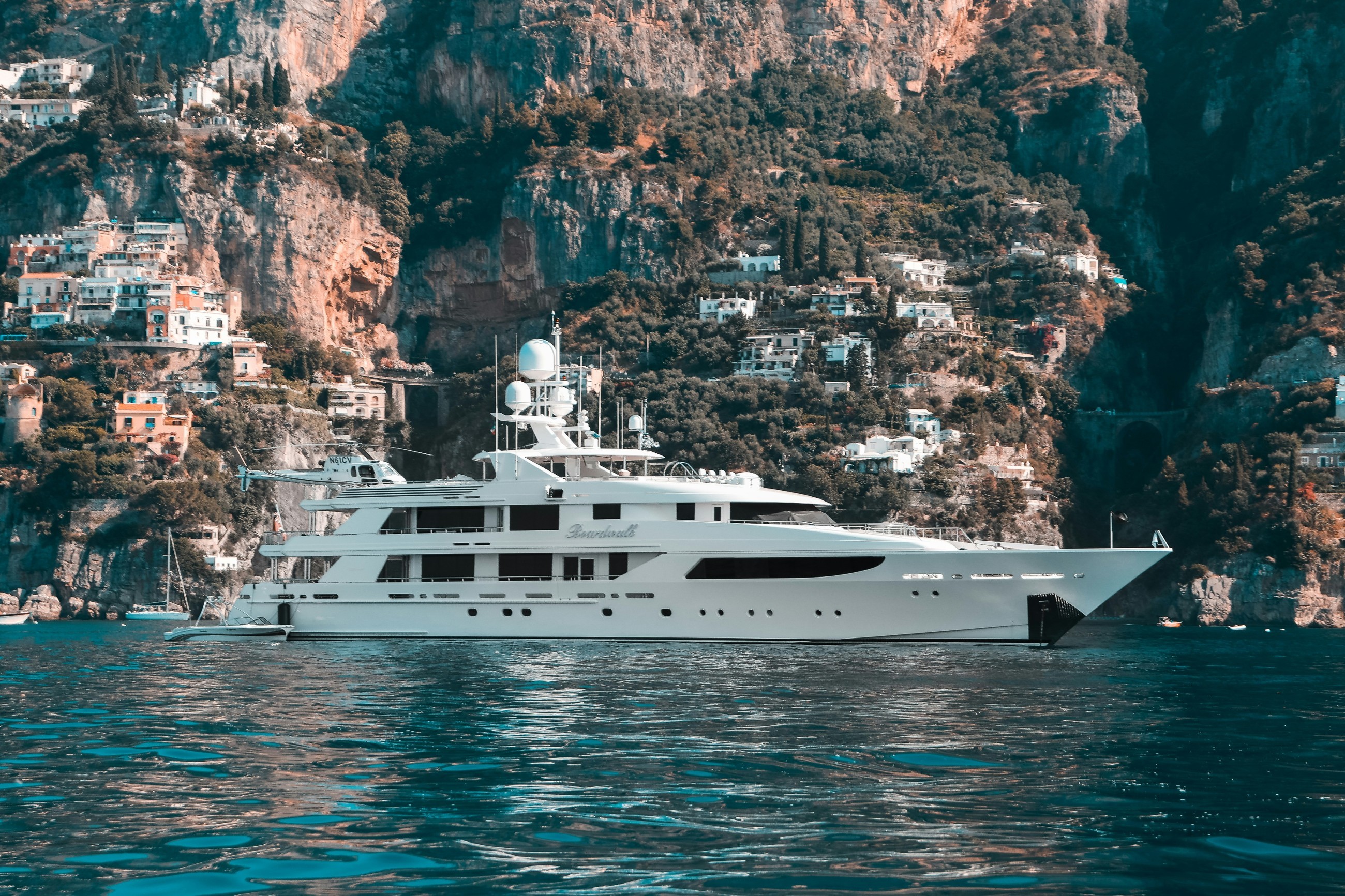 Superyacht anchored off Mediterranean coast